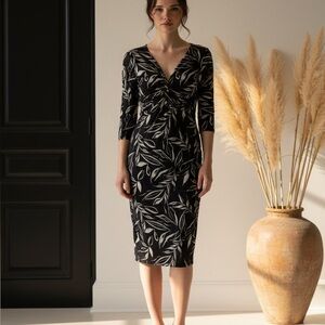 Cupio ladies Ruched Midi Dress, Black & White Leaf Print, Size L